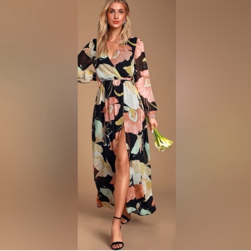 Lulus Wondrous Water Lilues‎ Black Floral Print Maxi Sleeve Dress - Picture 2 of 12